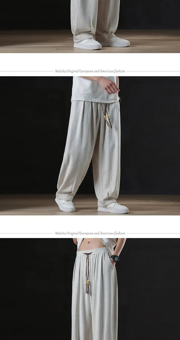 Calça masculina casual de linho verão leve solta de perna reta