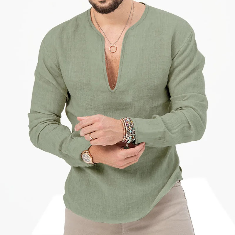 Camiseta Masculina de Linho de Manga Longa 2026 Henry, Slim Fit, Cor Sólida, Tamanho Grande Europeu e Americano, Gola V Profunda
