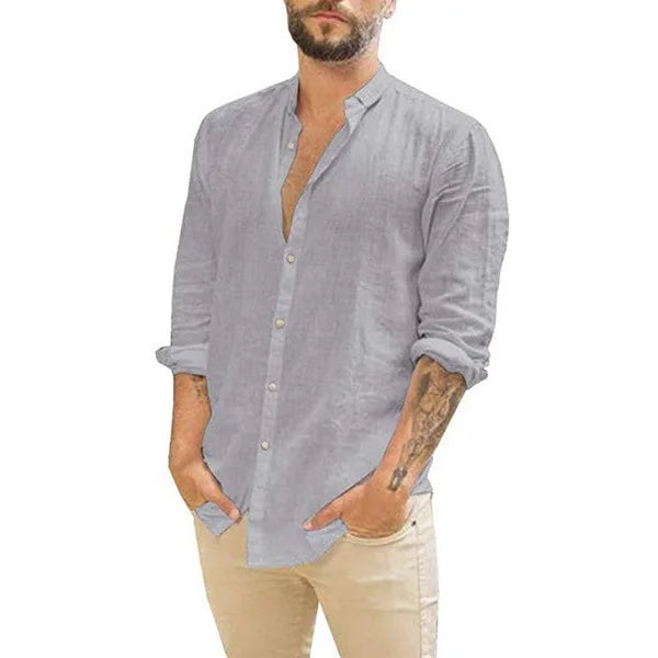Camisa de linho respirável masculina, confortável, cor sólida, manga comprida, solta, Harajuku, blusa casual, camisa havaiana, breve, 2022
