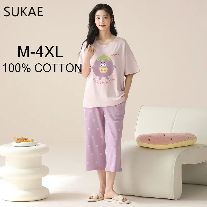 SUKAE-Conjunto de Pijamas dos desenhos animados das mulheres, 100% algodão, calça curta na altura do joelho, pijamas, capris loungewear, pijamas de verão, M-4XL