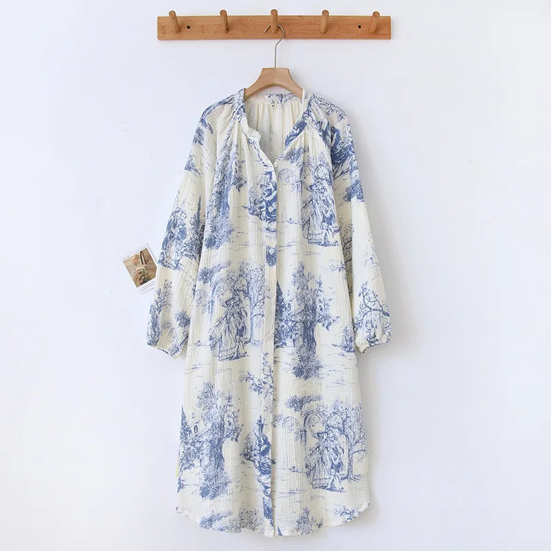 Manga longa algodão jardim secreto impressão com decote em v vestido de dormir para mulheres sleepwear respirável comprimento médio dormir camisolas