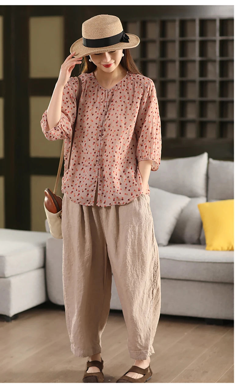 Calças compridas femininas de linho puro natural, estilo solto e retrô, calças largas, roupas de tamanho grande, casuais ao ar livre, confortáveis e legais