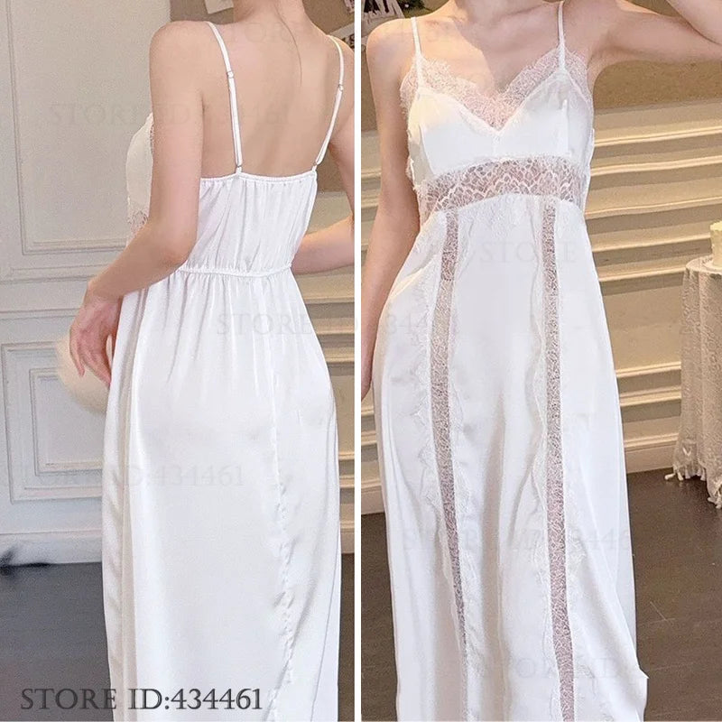 Feminino longo twinset robe conjunto sexy renda guarnição roupão de casamento quimono vestido sleepwear elegante seda gelo camisola loungewear homewear