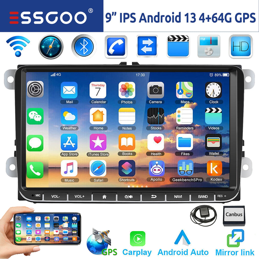 Essgoo 9 "android 14 4g + 64g Wireless  carplay carro estéreo gps navi wifi rds fm bt para vw golf 5 6 passat polo touran tiguan caddy eos