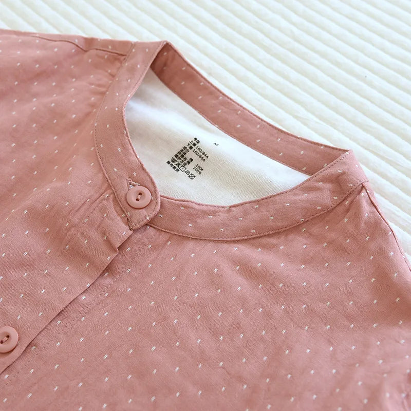 Algodão feminino polka dot pijama define fio-tingido gaze manga longa calças loungewear casual simples pijamas em torno do pescoço nightwears