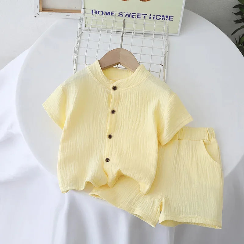 Conjunto de pijamas de gaze de algodão para bebês, 2 peças, manga curta, gola redonda, roupa de dormir macia e respirável, meninos, meninas, 0-5 anos, roupas de praia