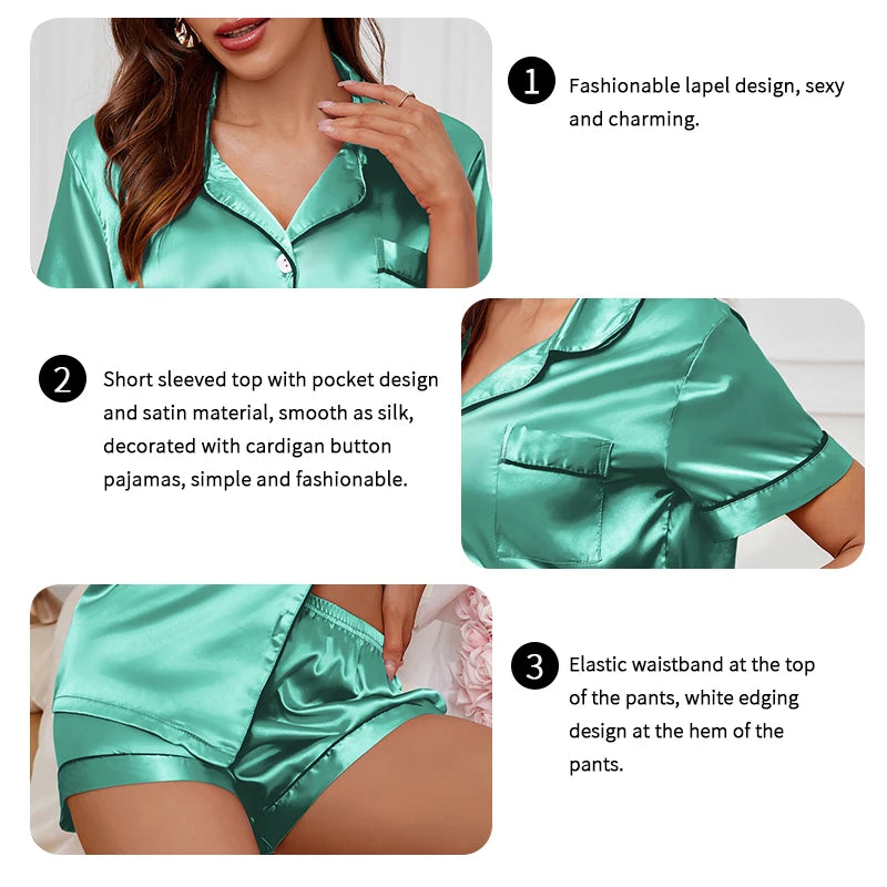Conjunto pijama cetim feminino, pijama de manga curta, blusa e shorts de lapela, pijama de botão, roupas domésticas