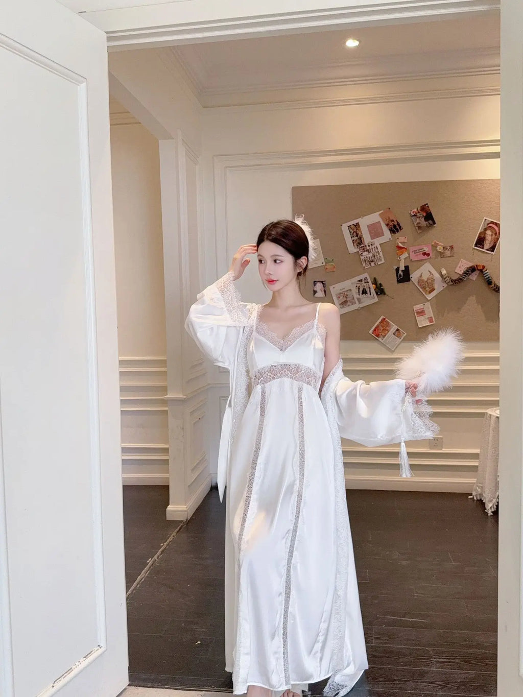 Feminino longo twinset robe conjunto sexy renda guarnição roupão de casamento quimono vestido sleepwear elegante seda gelo camisola loungewear homewear