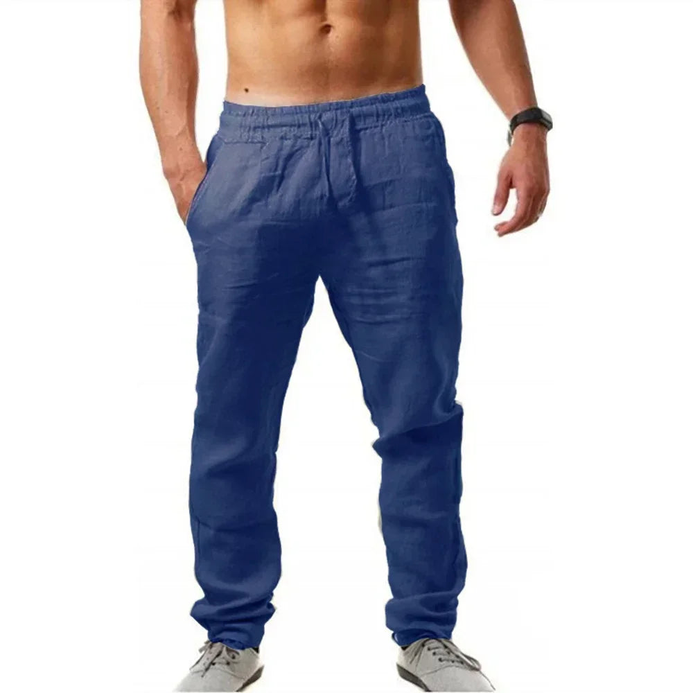Calça masculina de algodão e linho, solta, respirável, com cintura elástica, cor sólida, casual, para corrida, fitness, verão, esportes, calça de moletom