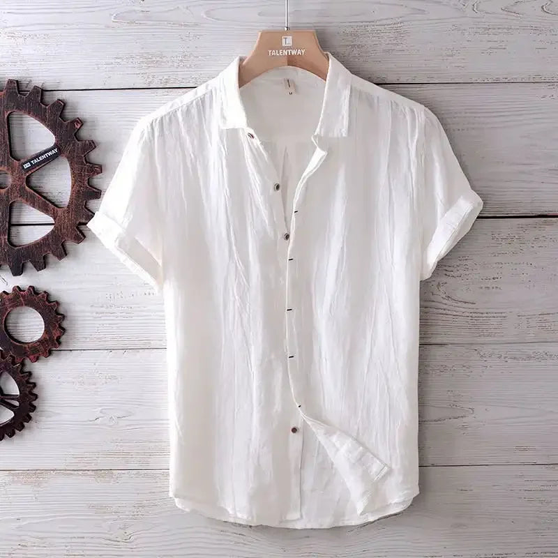 Camisa de Linho de Manga Curta para Homens, Camisa Casual Solta e Fresca de Verão em Cores Sólidas, Estilo Retro Japonês