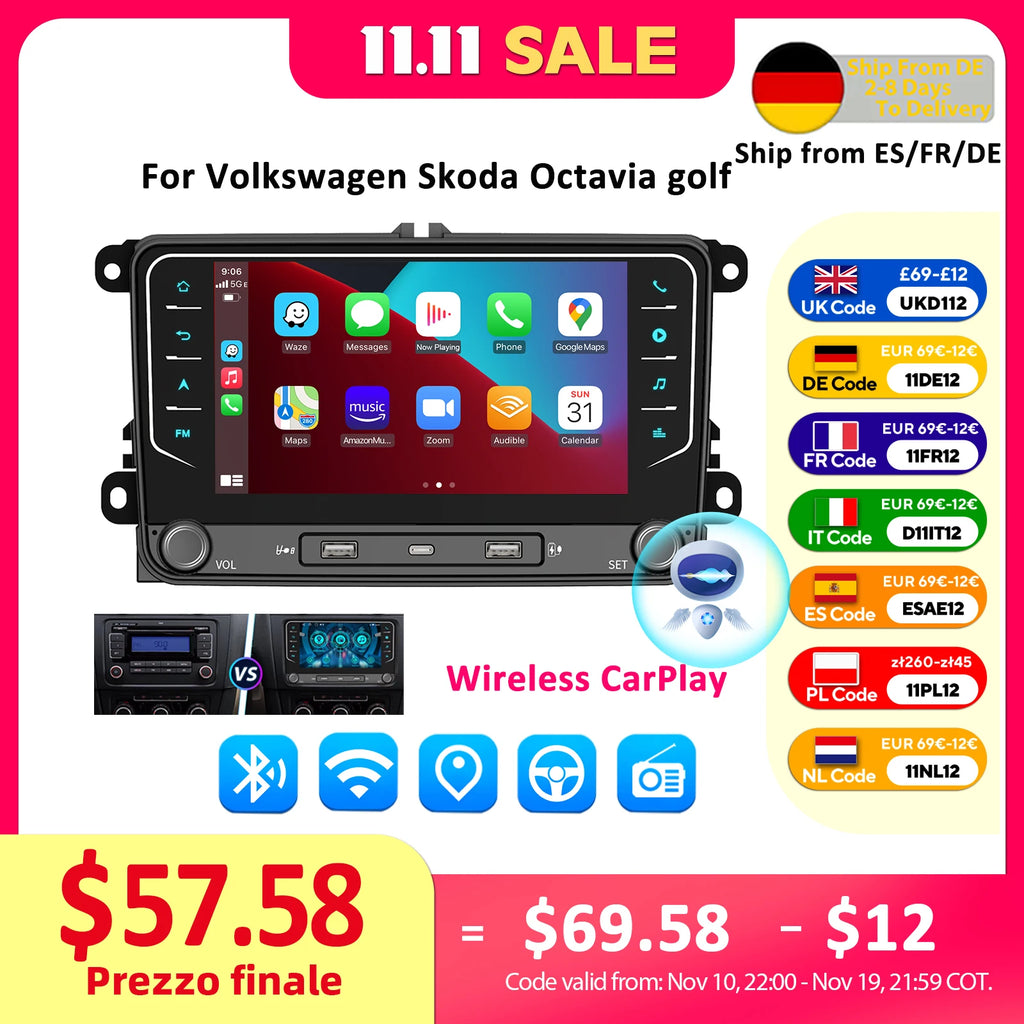Rádio Automotivo 2 Din Android 15, Reprodutor Multimídia com GPS, WiFi e Carplay para Volkswagen, Skoda, Octavia, Golf 5, 6, Touran, Passat, Polo, Jetta