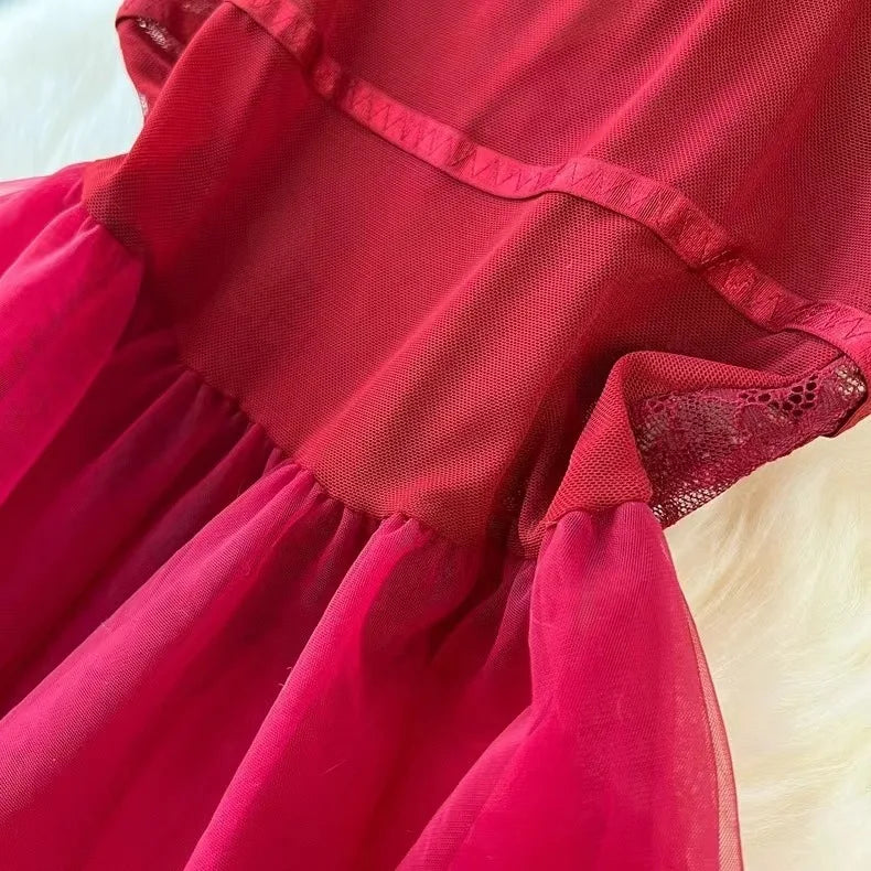 Mini vestido transparente sem costas para mulheres, sleepwear sexy, renda pura, pijamas sensuais, camisola de malha, lingerie branca, senior