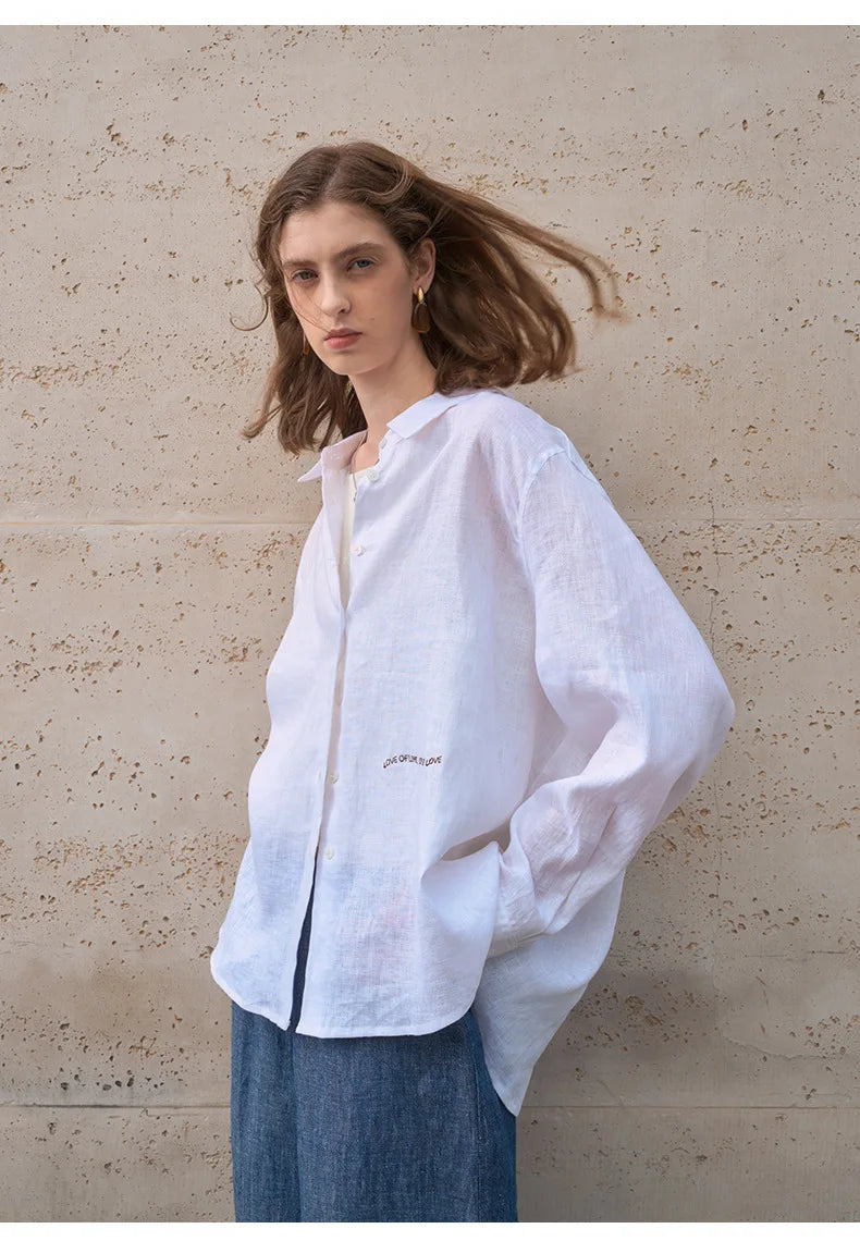 Camisa Feminina 100% Linho 2026 Nova Coleção Primavera Verão Casual com Gola Lapela Cardigã Protetor Solar Bordado Manga Longa Branca