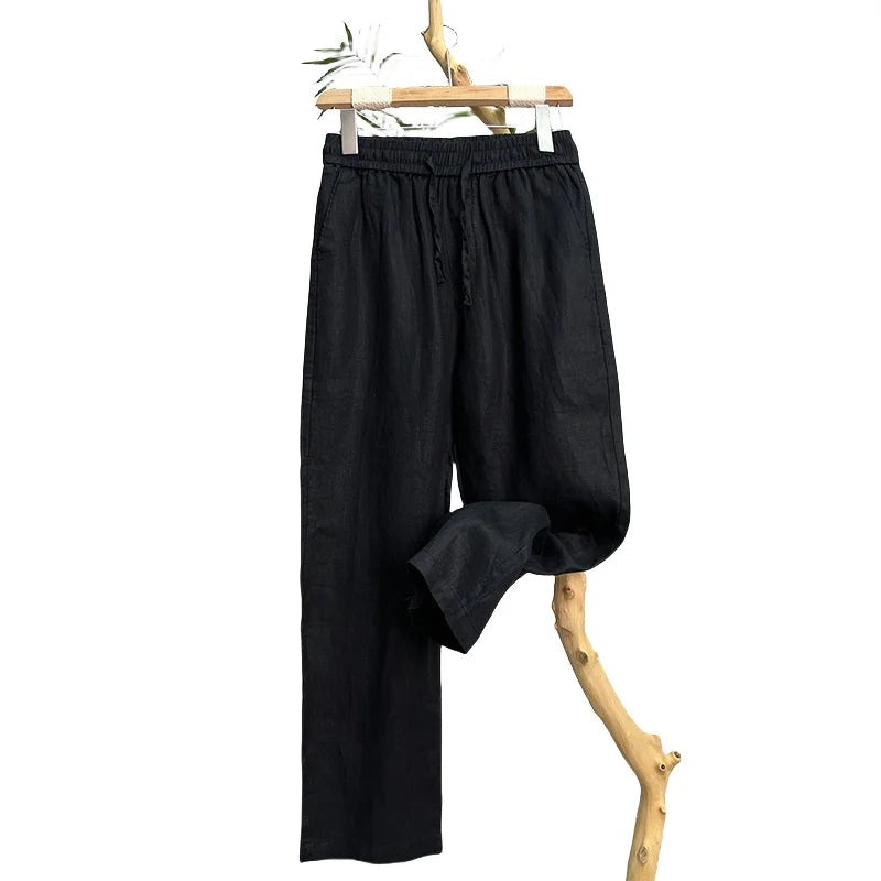 Linho natural pele pura respirável verão cor pura moda linho fino ajuste masculino solto linho reto calças casuais
