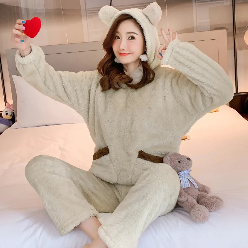 Outono inverno engrossado quente feminino loungewear terno dos desenhos animados de pelúcia com capuz urso pijamas senhoras flanela homewear conjunto