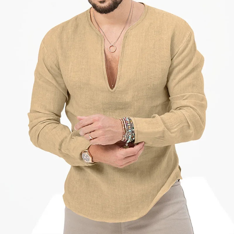 Camiseta Masculina de Linho de Manga Longa 2026 Henry, Slim Fit, Cor Sólida, Tamanho Grande Europeu e Americano, Gola V Profunda