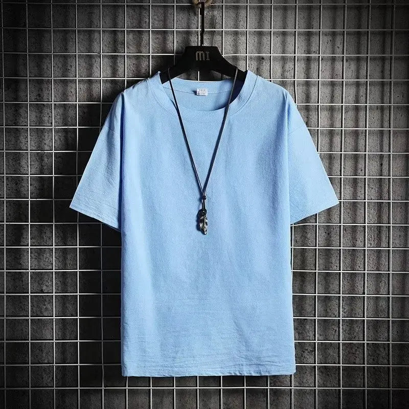 Camiseta de Linho de Manga Curta Masculina, Nova Camiseta de Algodão e Linho Solta para o Verão, Camiseta de Cor Sólida