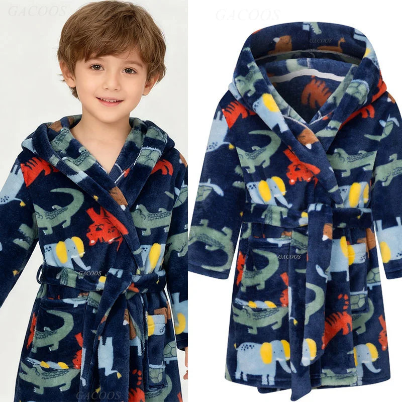 Roupão de banho infantil de dinossauro com capuz, pijama de unicórnio de desenho animado para meninos, roupões de banho de lã para meninas, roupa de dormir para bebês