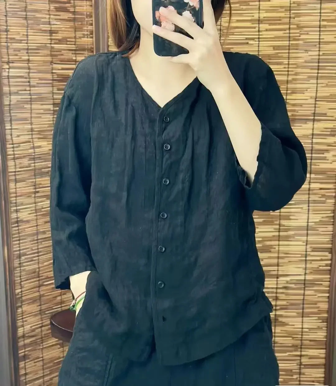 Camisa de Linho com Decote em V e Manga 3/4, Blusa Casual Solta com Botões, Top de Linho Respirável para Mulheres