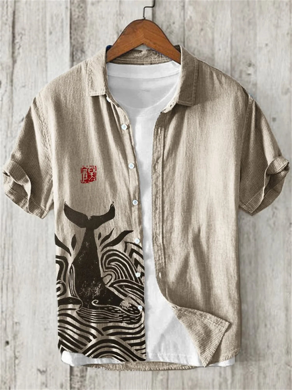 Camisa de linho masculina, texto retrô, arte japonesa, impressão 3D, manga curta, peito único, lazer, férias, top de praia, Havaí