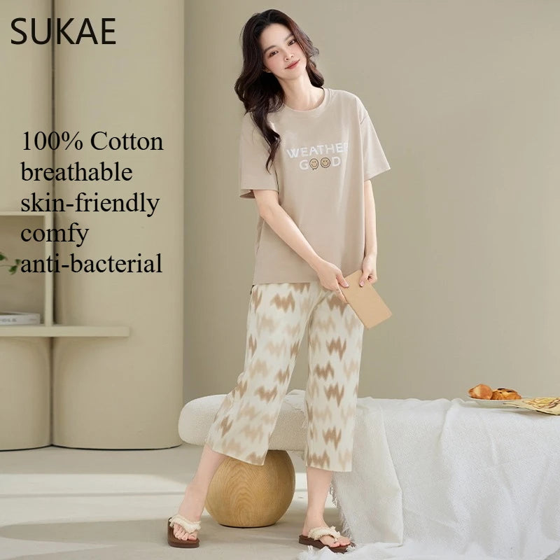 SUKAE-Conjunto de Pijamas dos desenhos animados das mulheres, 100% algodão, calça curta na altura do joelho, pijamas, capris loungewear, pijamas de verão, M-4XL