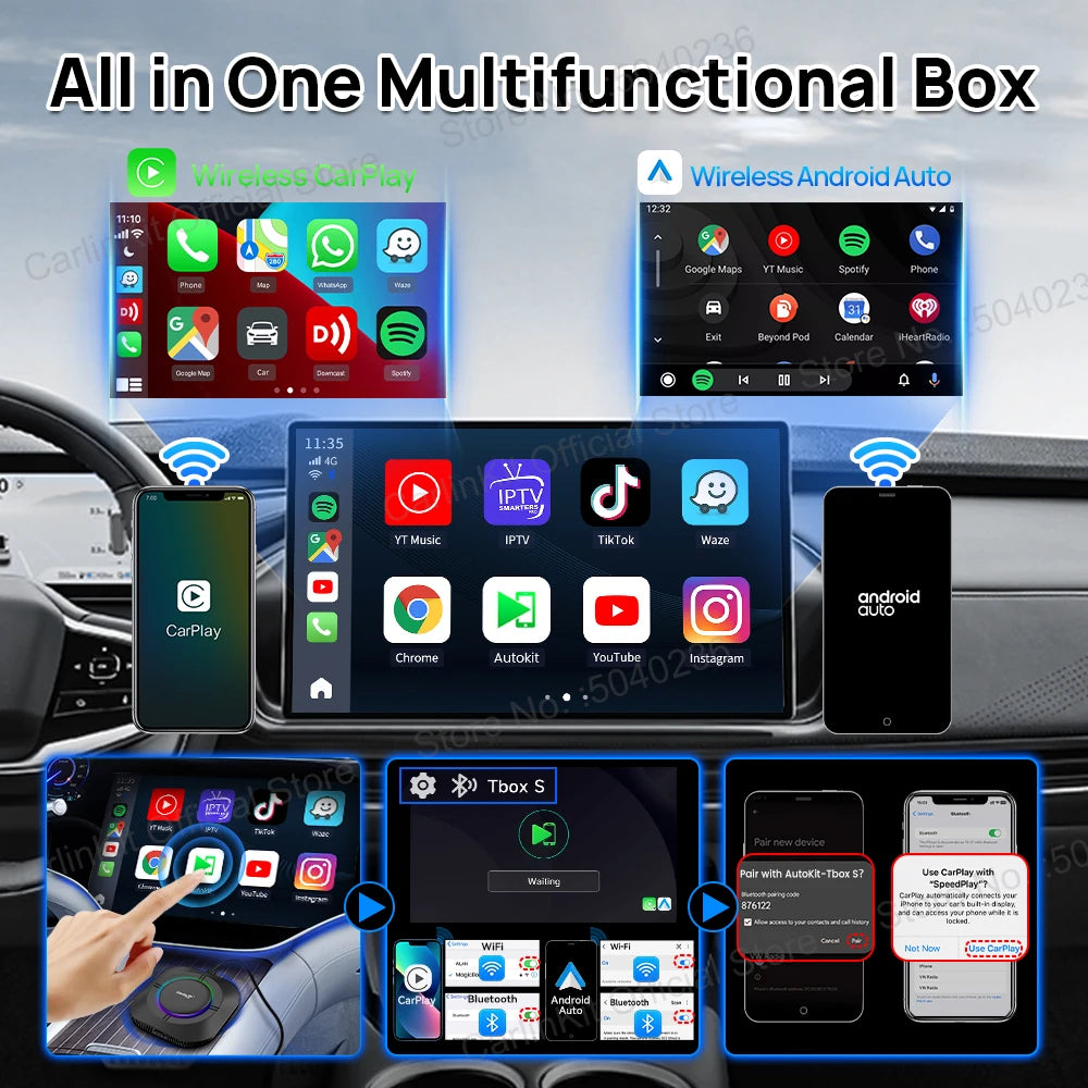 CarlinKit Android 13 LED AI Box Wireless CarPlay Wireless Android Auto Smart Car Multimedia Box Qualcomm 8-Core Chip Cartão SD Expandir para 512 GB Suporte Vídeo Online