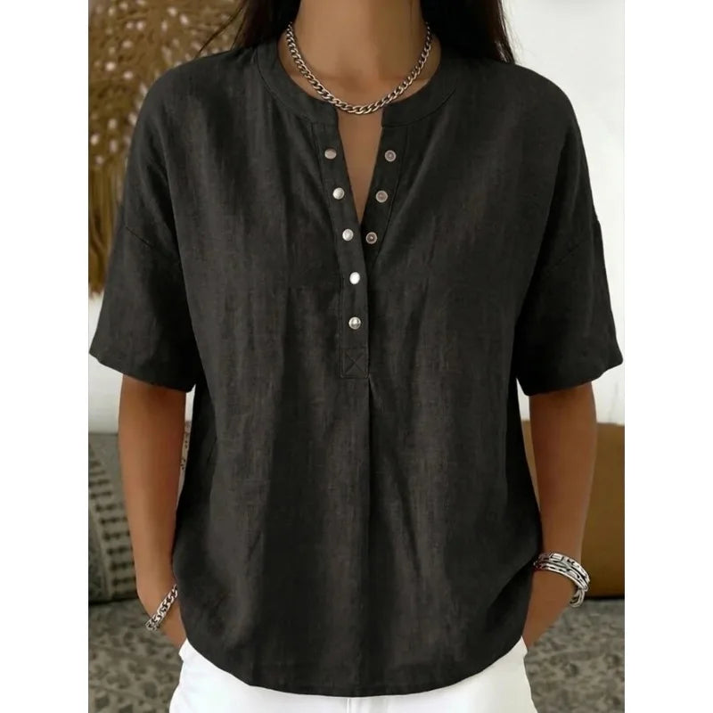 Blusa Feminina de Linho com Gola Henley, Manga Curta, Casual, Solta, Cor Sólida, Top de Verão