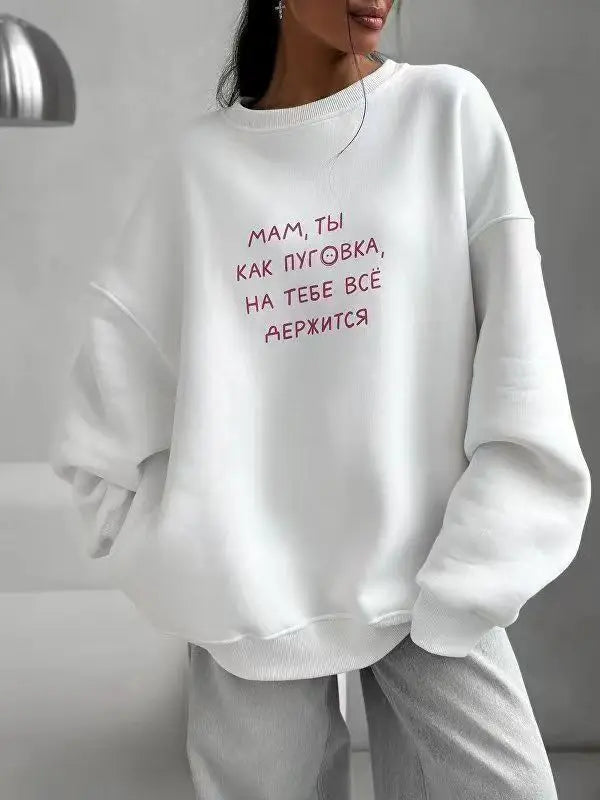 Russo simples carta impressão o pescoço oversize moletom feminino rosa fino primavera 2025 hoodies feminino estilo russo solto casual topo