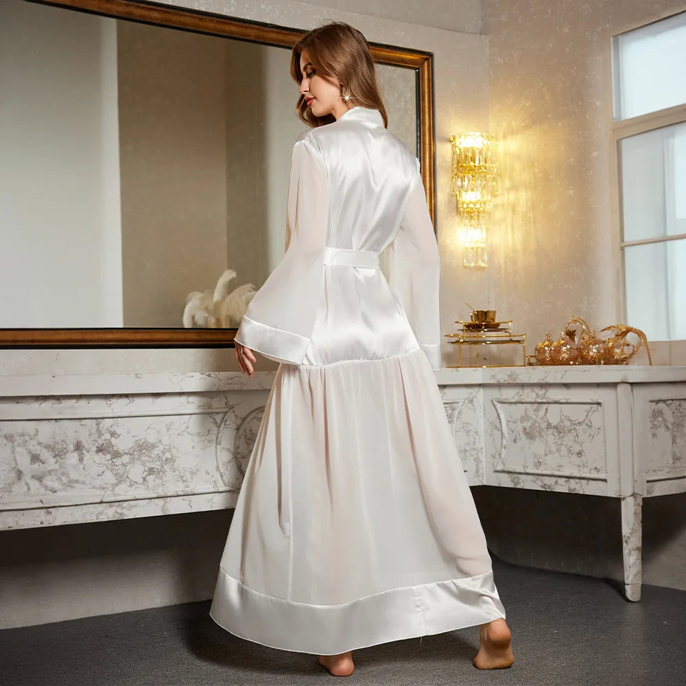 Longo noiva casamento robe cetim malha retalhos quimono feminino elegante sleepwear macio rayon casa roupão loungewear