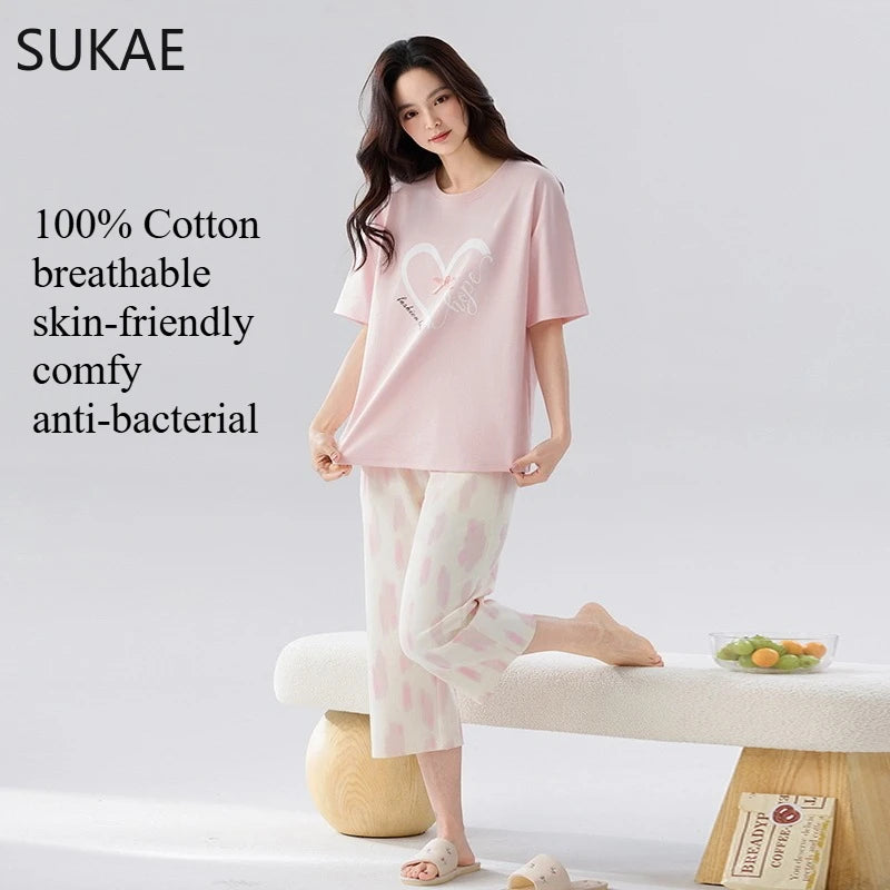 SUKAE-Conjunto de Pijamas dos desenhos animados das mulheres, 100% algodão, calça curta na altura do joelho, pijamas, capris loungewear, pijamas de verão, M-4XL