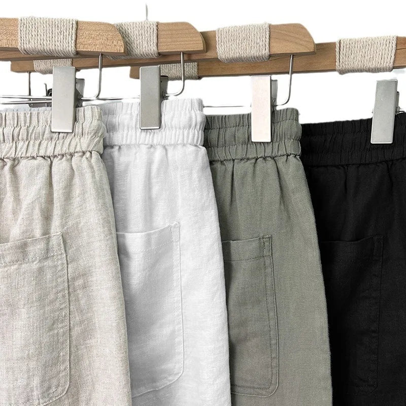 Linho natural pele pura respirável verão cor pura moda linho fino ajuste masculino solto linho reto calças casuais