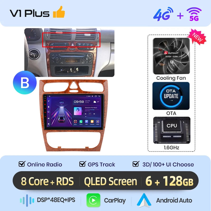 Junsun carplay android auto rádio do carro para mercedes benz classe c w203 c200 c320 c350 clk w209 2000-2005 multimídia inteligente 4g