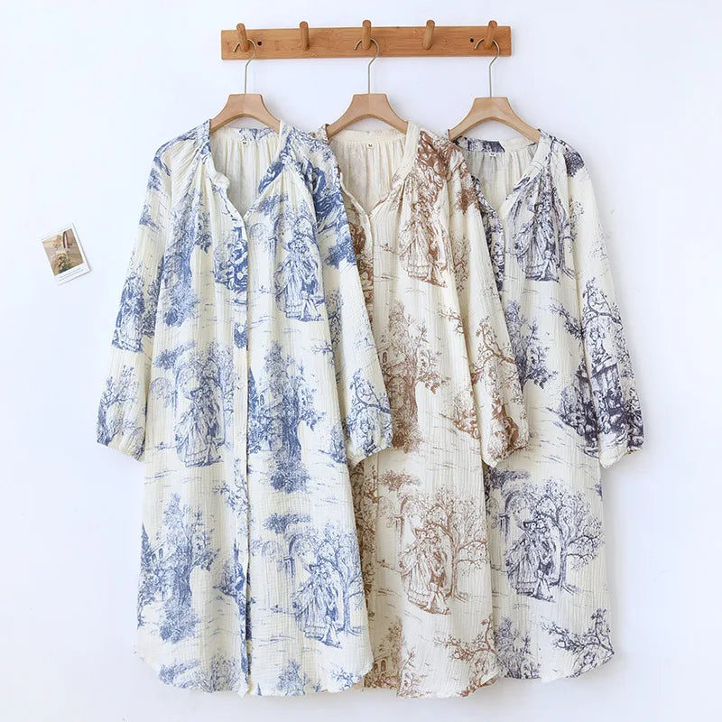 Manga longa algodão jardim secreto impressão com decote em v vestido de dormir para mulheres sleepwear respirável comprimento médio dormir camisolas
