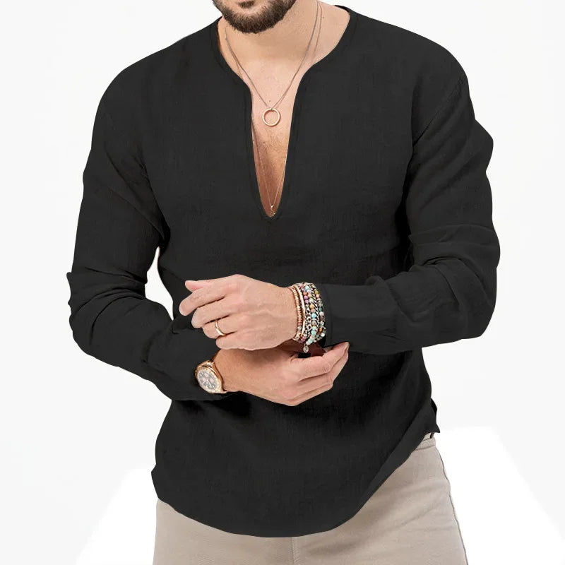 Camiseta Masculina de Linho de Manga Longa 2026 Henry, Slim Fit, Cor Sólida, Tamanho Grande Europeu e Americano, Gola V Profunda