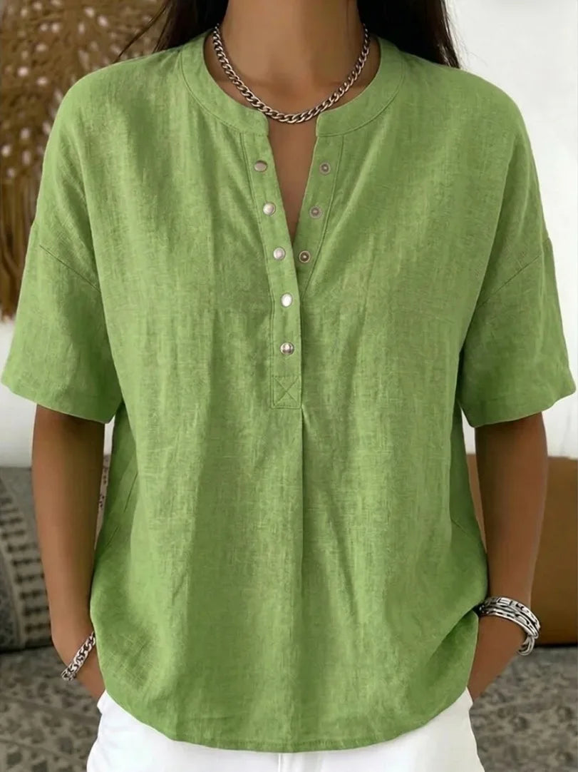 Blusa Feminina de Linho com Gola Henley, Manga Curta, Casual, Solta, Cor Sólida, Top de Verão