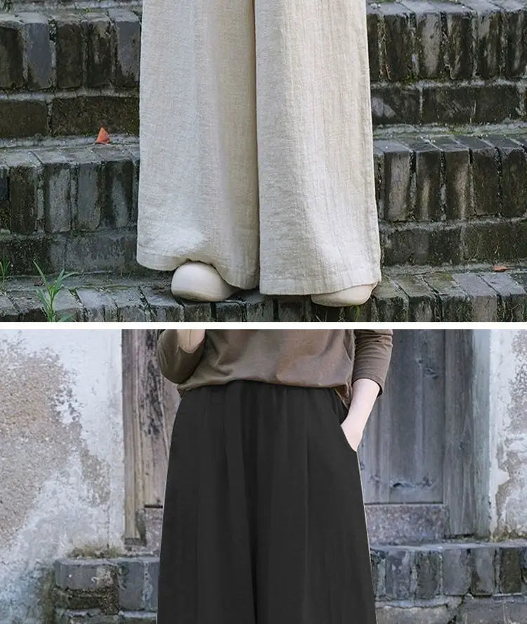 Calças de linho largas femininas casuais boêmias soltas e fluidas calças palazzo verão primavera