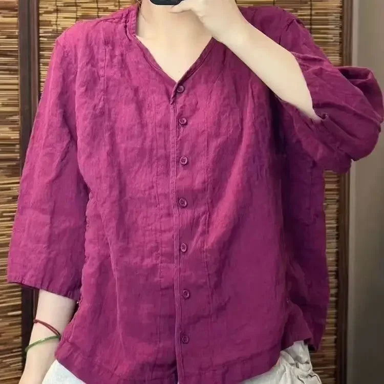 Camisa de Linho com Decote em V e Manga 3/4, Blusa Casual Solta com Botões, Top de Linho Respirável para Mulheres
