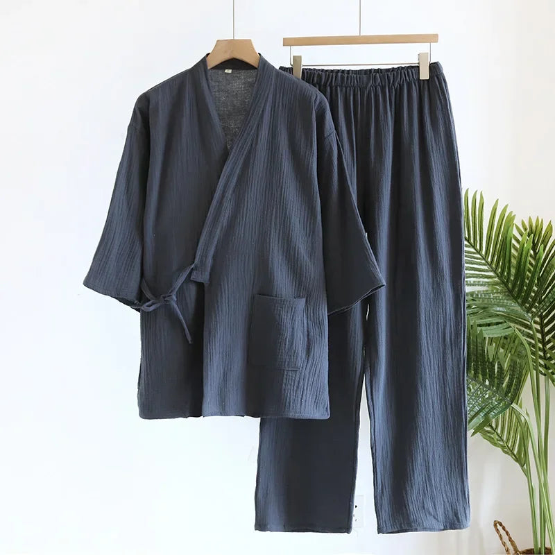 Primavera/outono japonês quimono pijamas masculinos pijamas masculinos gaze fina algodão rendas topo + calças soltas de duas peças homewear