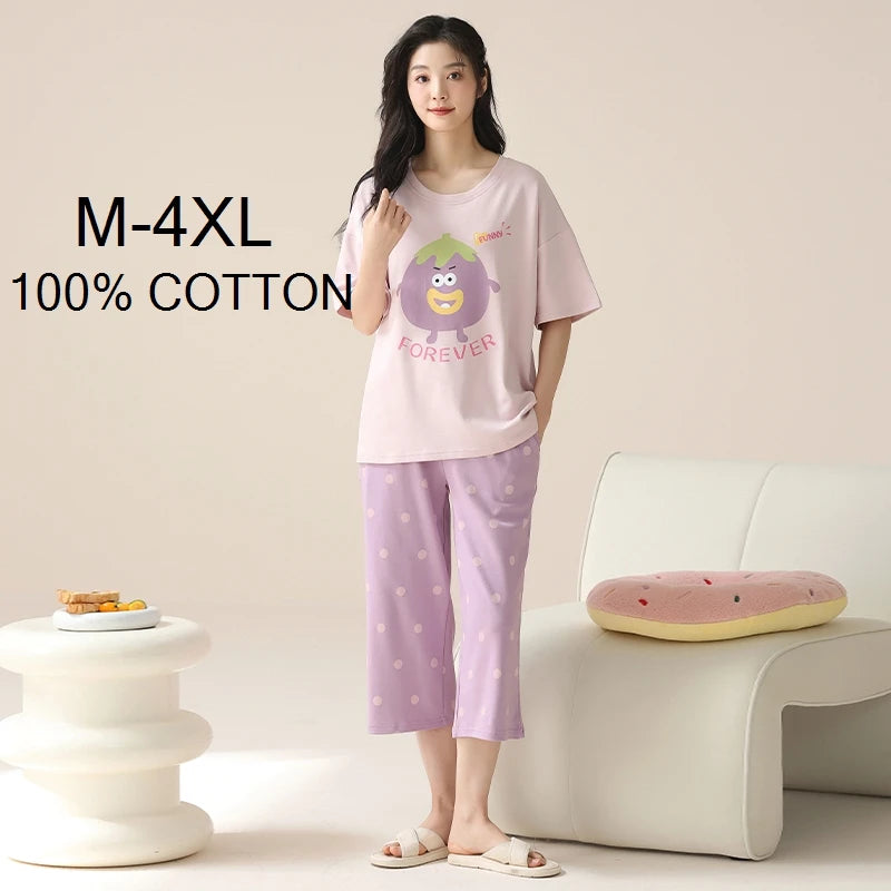 SUKAE-Conjunto de Pijamas dos desenhos animados das mulheres, 100% algodão, calça curta na altura do joelho, pijamas, capris loungewear, pijamas de verão, M-4XL