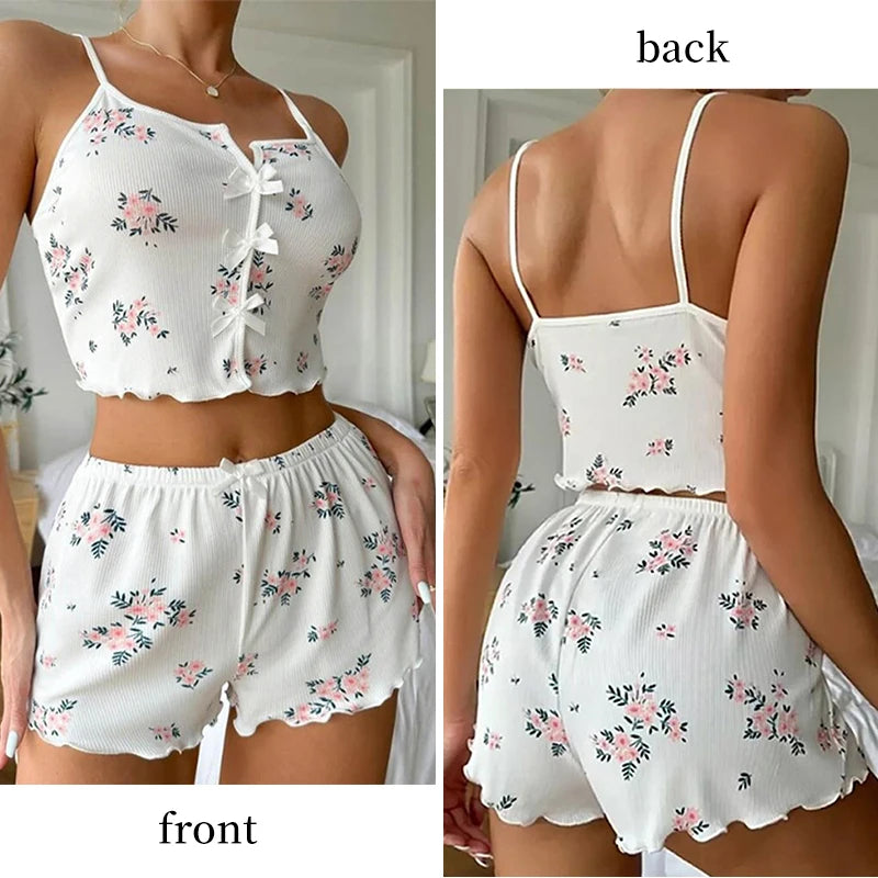 Conjunto de pijama feminino de malha canelada com estampa floral e shorts leves e respiráveis