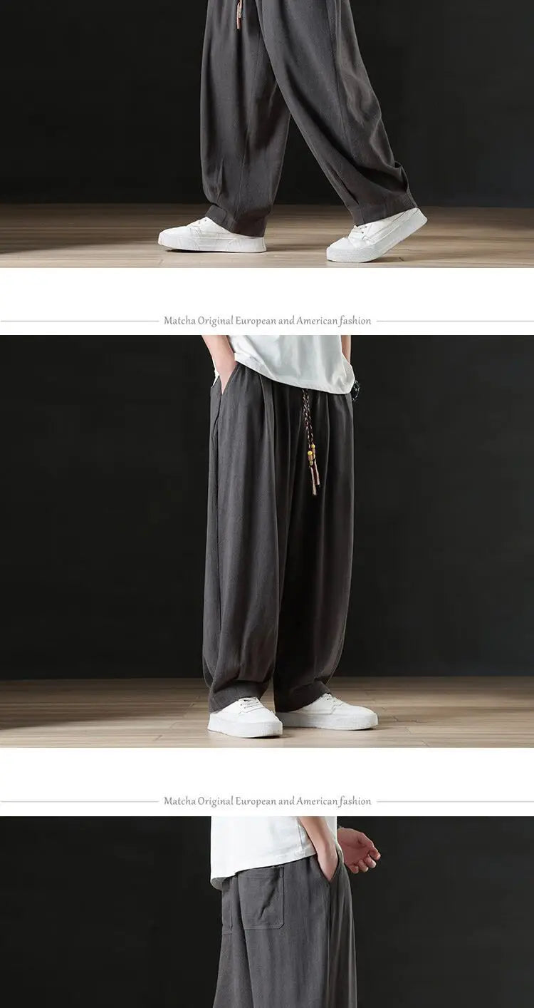 Calça masculina casual de linho verão leve solta de perna reta