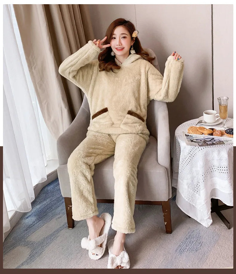 Outono inverno engrossado quente feminino loungewear terno dos desenhos animados de pelúcia com capuz urso pijamas senhoras flanela homewear conjunto