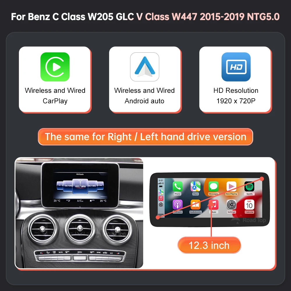 Tela multimídia linux sem fio carplay android auto para mercedes-benz w205 w176 glc a c v classe w447 cla gla 2015-2018 ntg5.0
