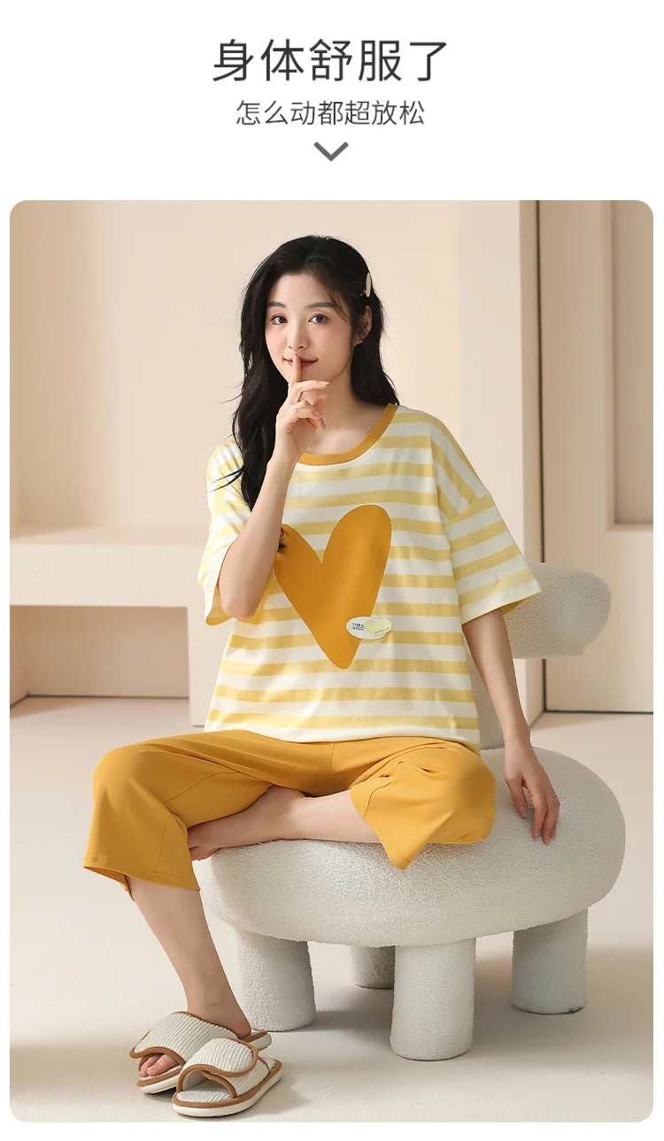 SUKAE-Conjunto de Pijamas dos desenhos animados das mulheres, 100% algodão, calça curta na altura do joelho, pijamas, capris loungewear, pijamas de verão, M-4XL