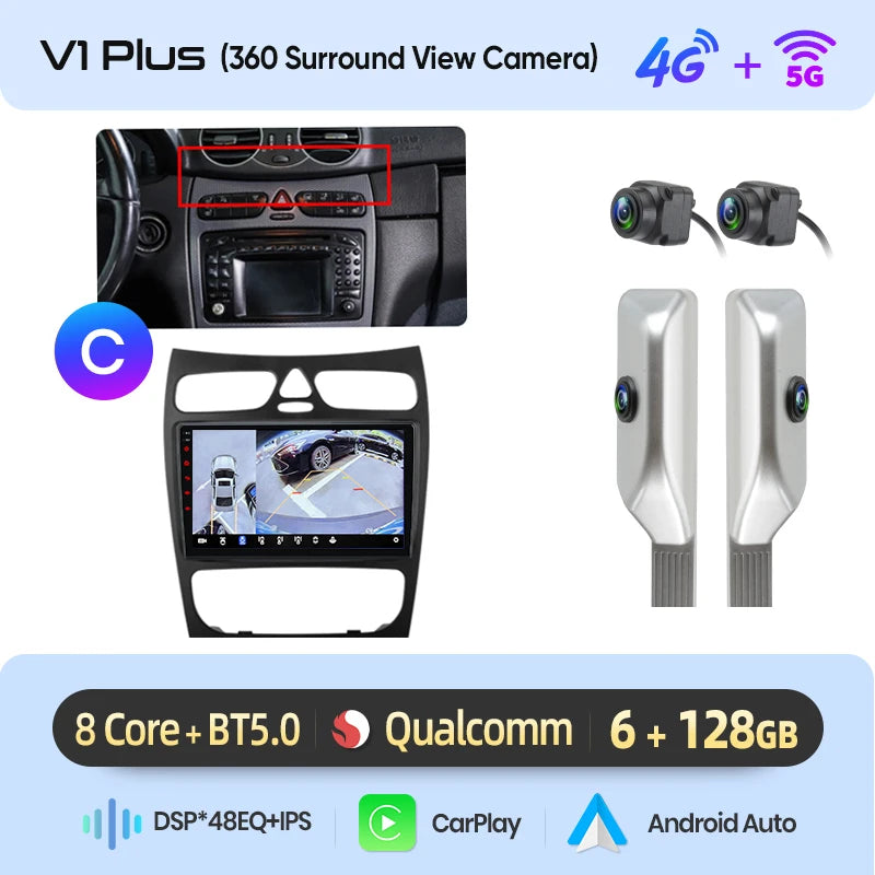Junsun carplay android auto rádio do carro para mercedes benz classe c w203 c200 c320 c350 clk w209 2000-2005 multimídia inteligente 4g