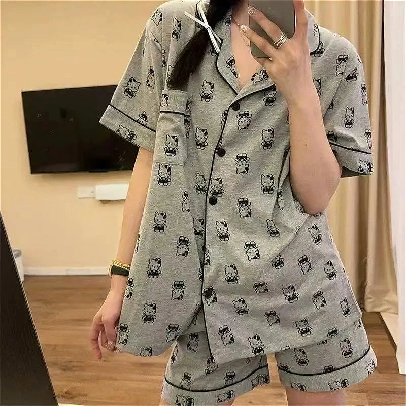 Olá kitty meninas bonito pijamas conjuntos de camisola solta dos desenhos animados macio manga curta topos shorts doce roupas femininas pijamas verão