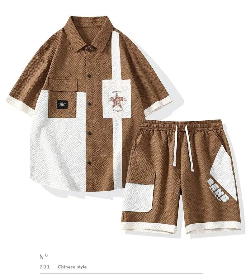 Conjunto Casual Masculino de Linho e Algodão, Camisa de Manga Curta com Colarinho e Calças Largas, Traje de Verão com Bordado Floral