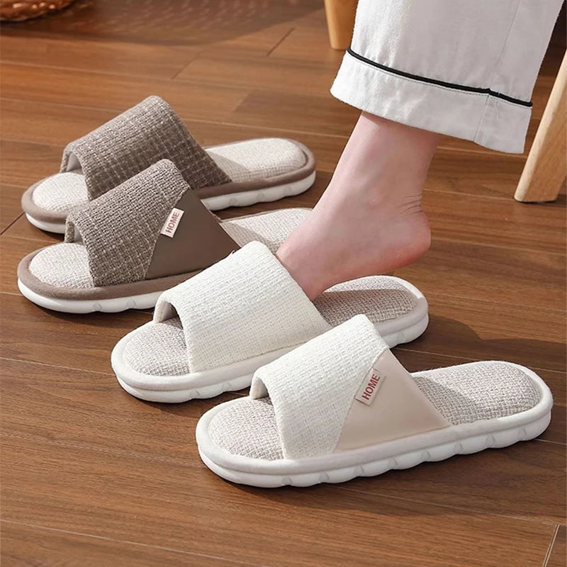 Chinelos de linho feminino e masculino casa chinelos de chão interior diário casa simples simples mudo antiderrapante chinelos confortáveis