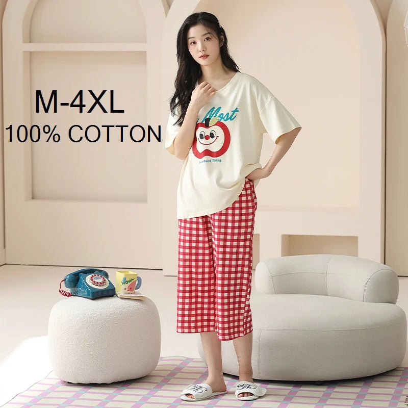 SUKAE-Conjunto de Pijamas dos desenhos animados das mulheres, 100% algodão, calça curta na altura do joelho, pijamas, capris loungewear, pijamas de verão, M-4XL