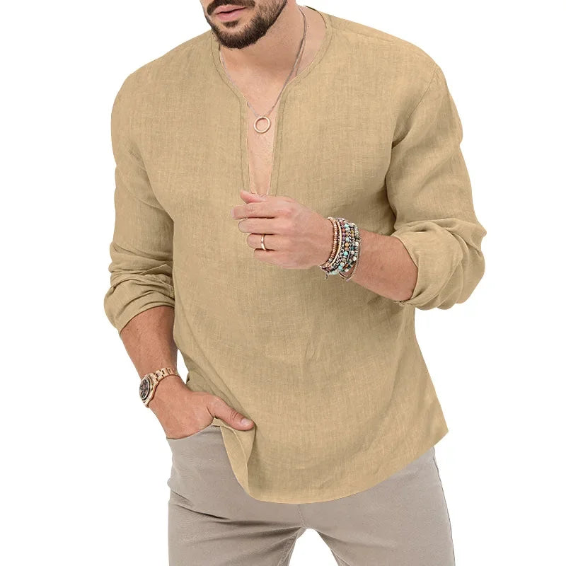 Camiseta Masculina de Linho de Manga Longa 2026 Henry, Slim Fit, Cor Sólida, Tamanho Grande Europeu e Americano, Gola V Profunda
